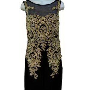 Black Gold Strapless Embroidered Beaded Illusion Cocktail Dress
